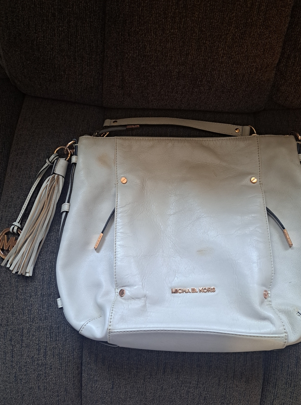 Michael Kors Devon Bone Color Leather Shoulder Bag with Tassel Charm